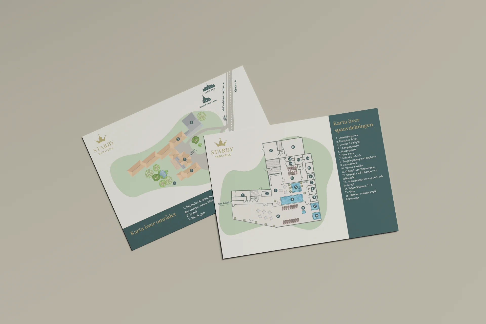 Två illustrerade kartor med markerade områden och en teckenförklaring mot en neutral bakgrund. Kartorna visar gångvägar, byggnader och ikoner för olika bekvämligheter och intressanta platser på Stabby Prästgård.