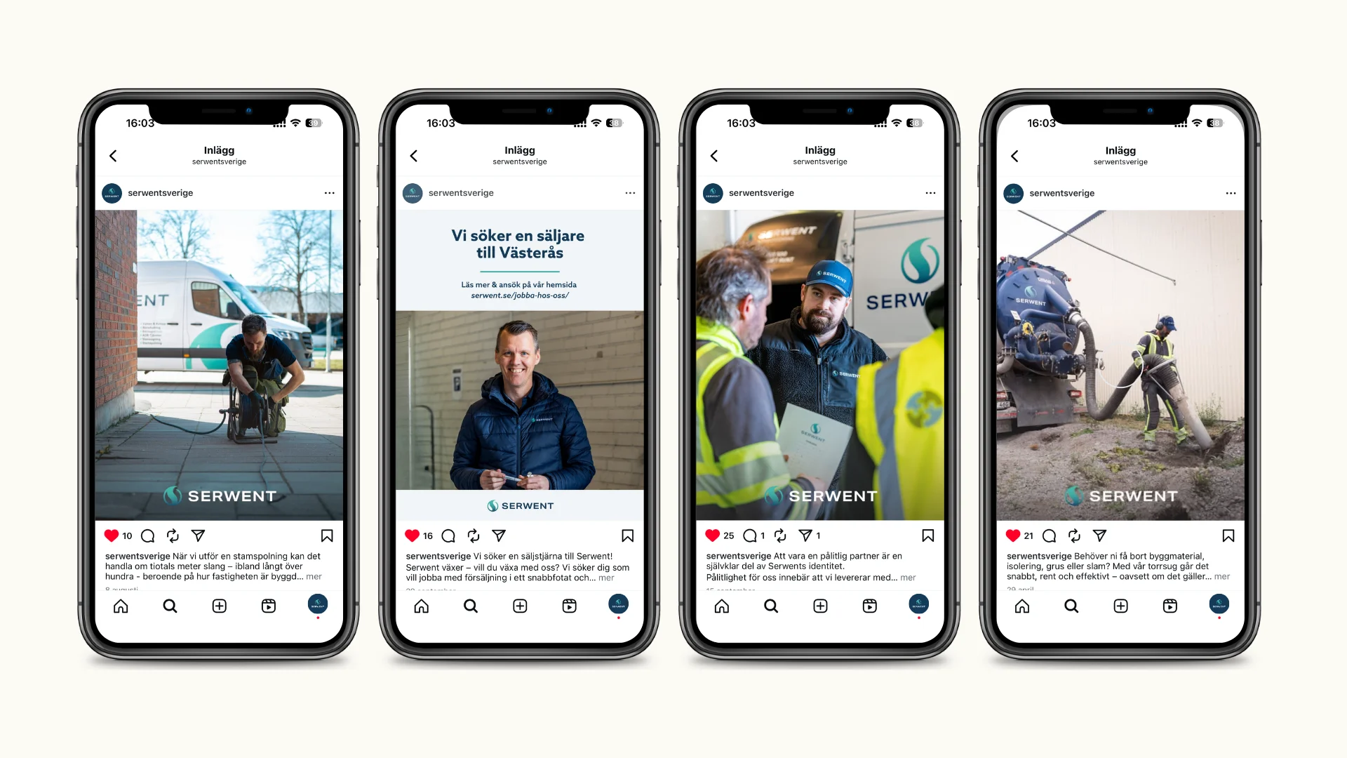 Fyra smartphones visar Instagram-inlägg från Serwent, med människor i arbetskläder, fordon och rekryteringsannonser, som belyser arbete på plats, teaminteraktioner och en ledig tjänst för en säljare i Västerås.