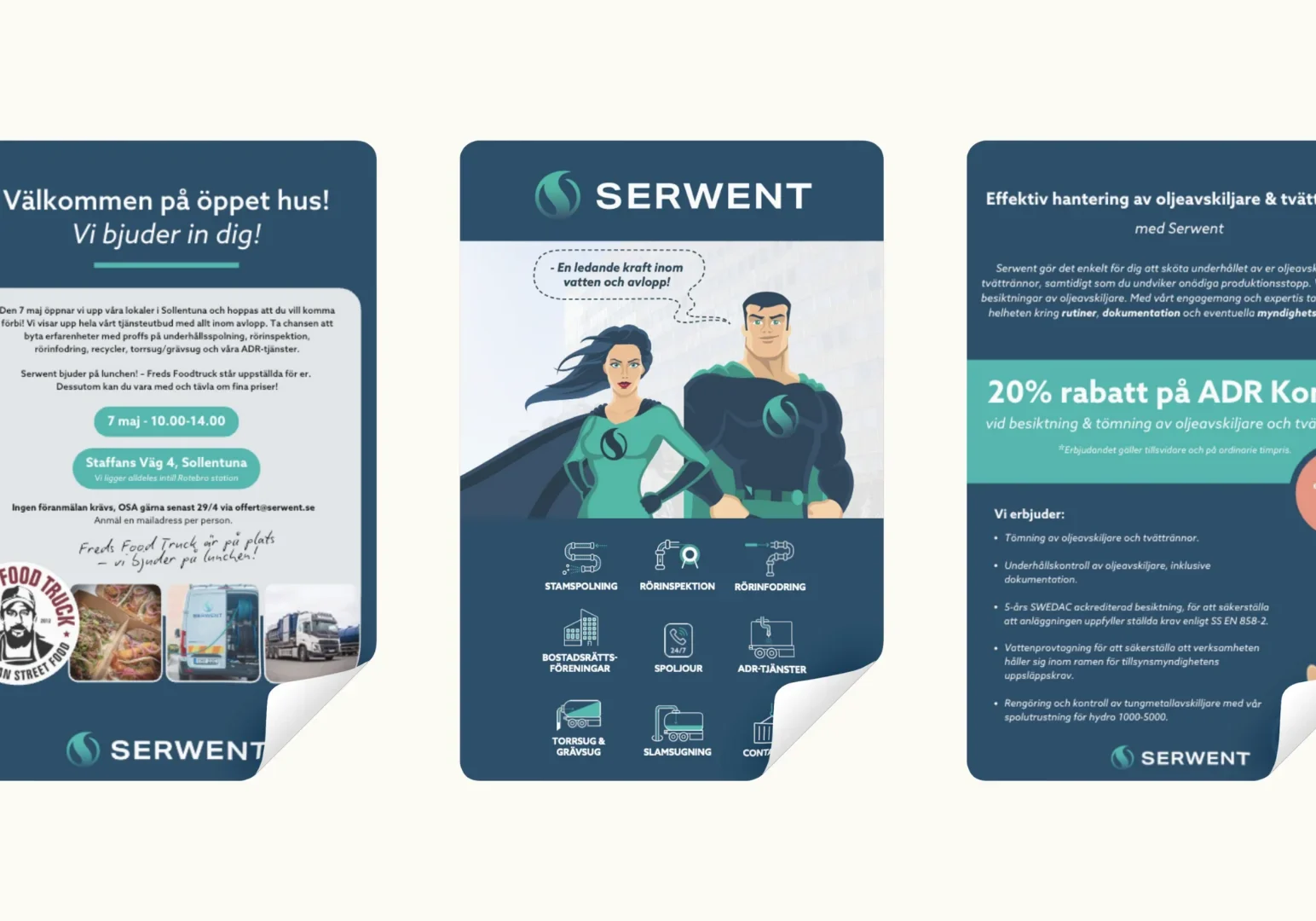 På bilden syns tre svenska reklamblad för SERWENT. Den första annonserar ett öppet hus, den andra lyfter fram tjänster med illustrerade personer och den tredje erbjuder 20% rabatt på städtjänster.